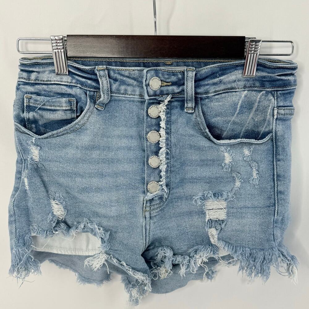 KanCan Denim Shorts Womens 29 Ultra High Rise Button Fly Distressed Stretch